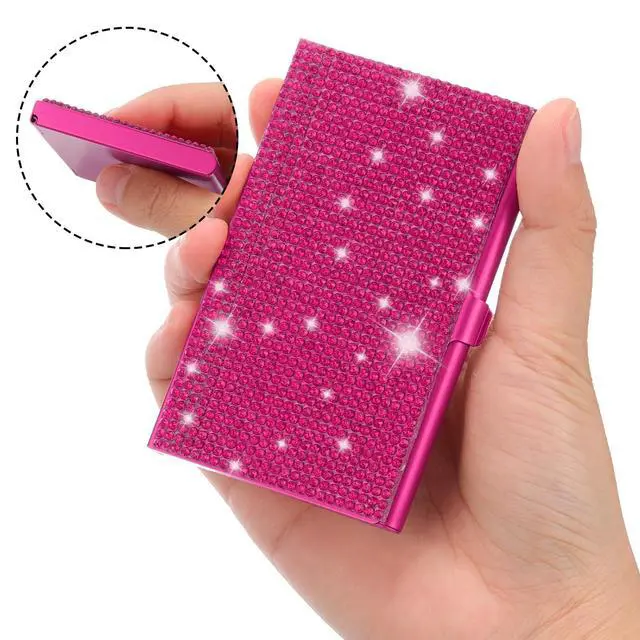 Alt view image 3 of 6 - Bling Alloy Business Card Holder, 2Pcs Rhinestone Name Credit Card Organizer Bling Pocket Display for Women Office Exhibition, Rose Red