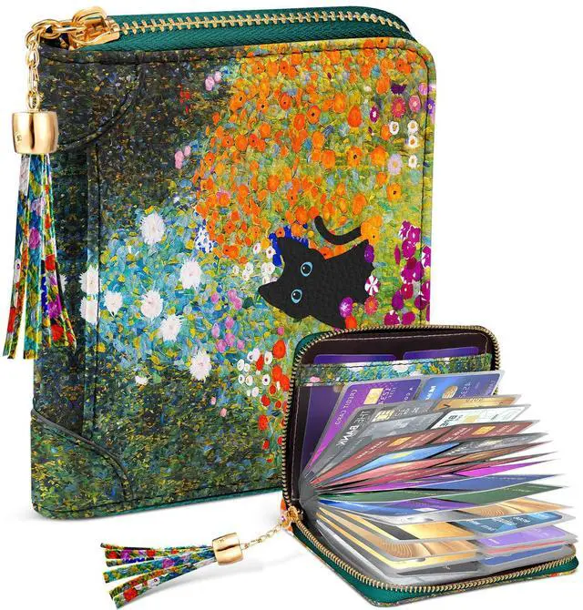Main image of 40 Slots Credit Card Holder for Women Cute Girls RFID Blocking Card Organizer Leather Cardholder Protector for Lady Female Large Capacity Size Big Zipper Wallet Kawaii Cat Flower Aesthetic