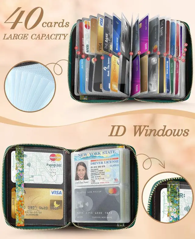 Alt view image 3 of 6 - 40 Slots Credit Card Holder for Women Cute Girls RFID Blocking Card Organizer Leather Cardholder Protector for Lady Female Large Capacity Size Big Zipper Wallet Kawaii Cat Flower Aesthetic