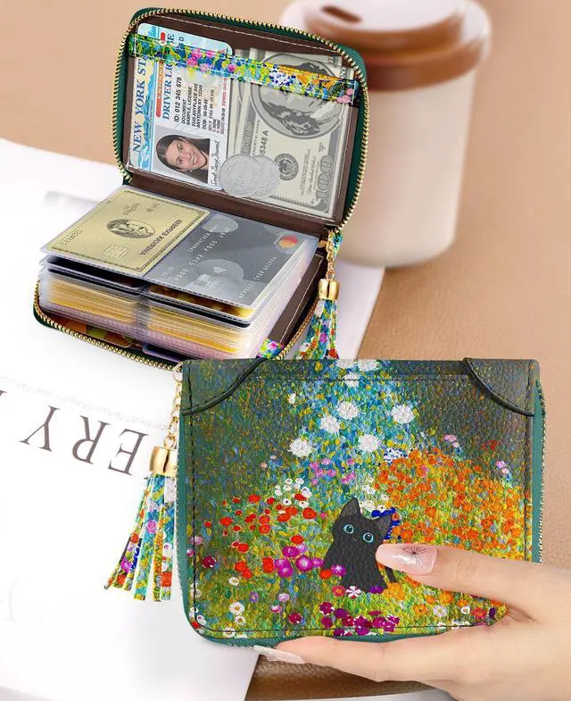 Alt view image 5 of 6 - 40 Slots Credit Card Holder for Women Cute Girls RFID Blocking Card Organizer Leather Cardholder Protector for Lady Female Large Capacity Size Big Zipper Wallet Kawaii Cat Flower Aesthetic