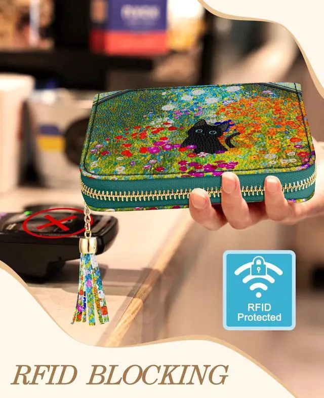 Alt view image 4 of 6 - 40 Slots Credit Card Holder for Women Cute Girls RFID Blocking Card Organizer Leather Cardholder Protector for Lady Female Large Capacity Size Big Zipper Wallet Kawaii Cat Flower Aesthetic