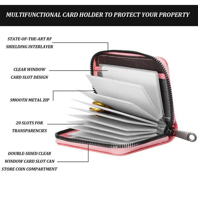Alt view image 5 of 7 - Credit Card Wallets, Wallet Photo Album Zipper Wallet Credit Cards Holder Secure Card Case Leather Organizer(Pink)