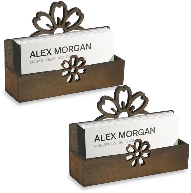 Main image of 2Pcs Flower Business Card Holder for Desk, Wood Business Card Display Stand, Wooden Name Cards Holder, Desktop Card Organizer Storage Rack for Office, Home Counter (5.1x3.5 inch)