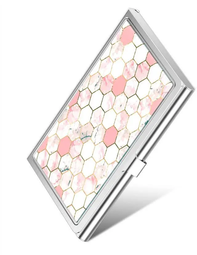 Main image of Business Card Holder, Small Business Card Case, Slim Metal Business Card Organizer, Pocket Name Card Holder Wallet for Men Women, Pink Hexagon