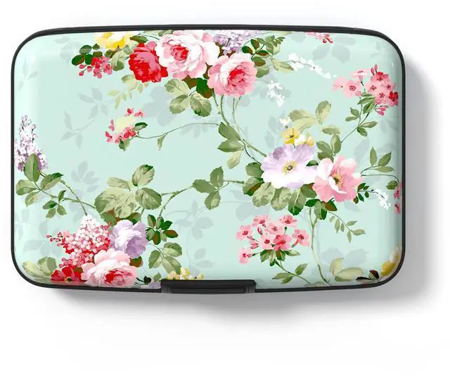 Main image of Credit Card Holder for Women, Mini RFID Metal Credit Cards Wallet Cute Business Card Holder Pocket ID Case, Green Flowers