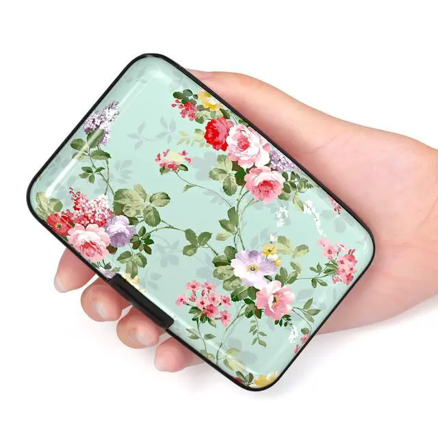 Alt view image 2 of 7 - Credit Card Holder for Women, Mini RFID Metal Credit Cards Wallet Cute Business Card Holder Pocket ID Case, Green Flowers