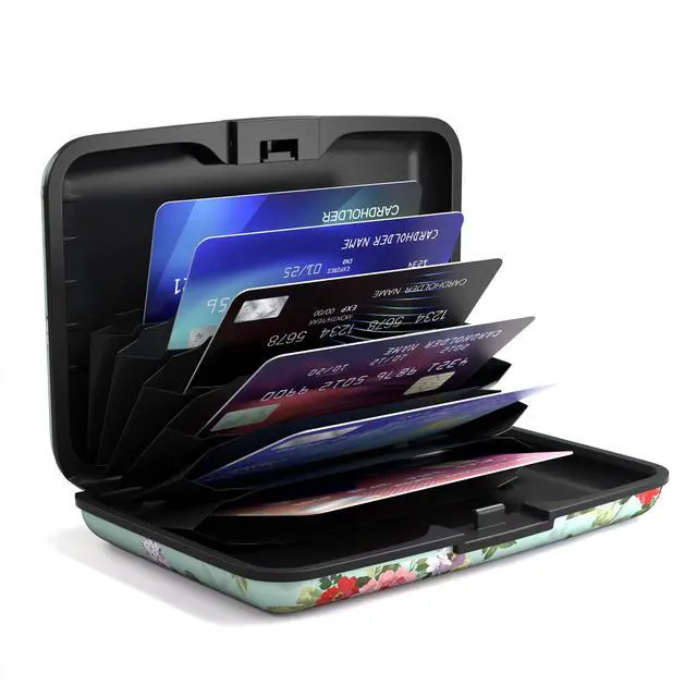 Alt view image 5 of 7 - Credit Card Holder for Women, Mini RFID Metal Credit Cards Wallet Cute Business Card Holder Pocket ID Case, Green Flowers