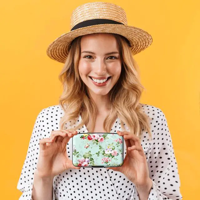 Alt view image 6 of 7 - Credit Card Holder for Women, Mini RFID Metal Credit Cards Wallet Cute Business Card Holder Pocket ID Case, Green Flowers