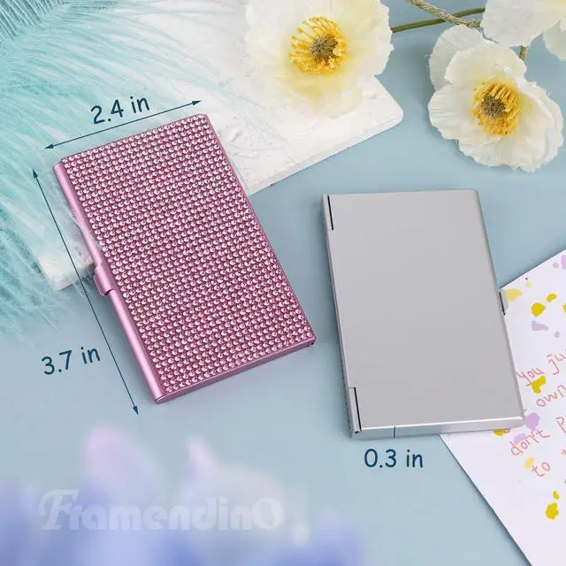 Alt view image 2 of 7 - , 2 Pack Bling Rhinestone Business Card Holders Portable Metal Pocket Name Cards Case for Women (Silver, Pink)