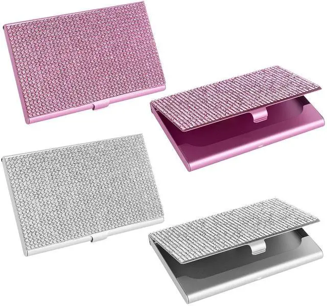 Main image of , 2 Pack Bling Rhinestone Business Card Holders Portable Metal Pocket Name Cards Case for Women (Silver, Pink)