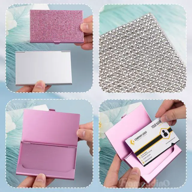 Alt view image 3 of 7 - , 2 Pack Bling Rhinestone Business Card Holders Portable Metal Pocket Name Cards Case for Women (Silver, Pink)