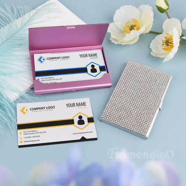 Alt view image 4 of 7 - , 2 Pack Bling Rhinestone Business Card Holders Portable Metal Pocket Name Cards Case for Women (Silver, Pink)
