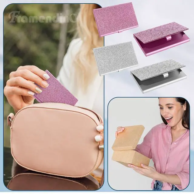 Alt view image 6 of 7 - , 2 Pack Bling Rhinestone Business Card Holders Portable Metal Pocket Name Cards Case for Women (Silver, Pink)