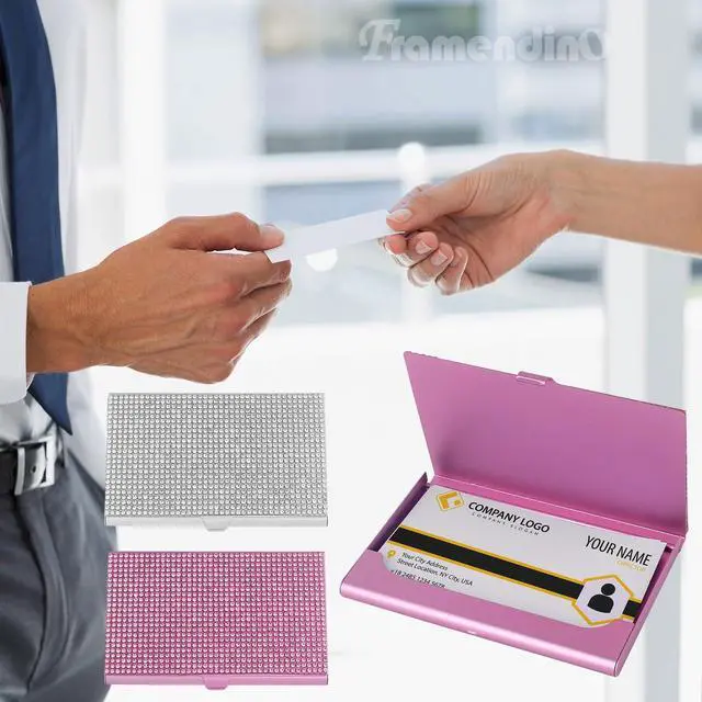 Alt view image 7 of 7 - , 2 Pack Bling Rhinestone Business Card Holders Portable Metal Pocket Name Cards Case for Women (Silver, Pink)