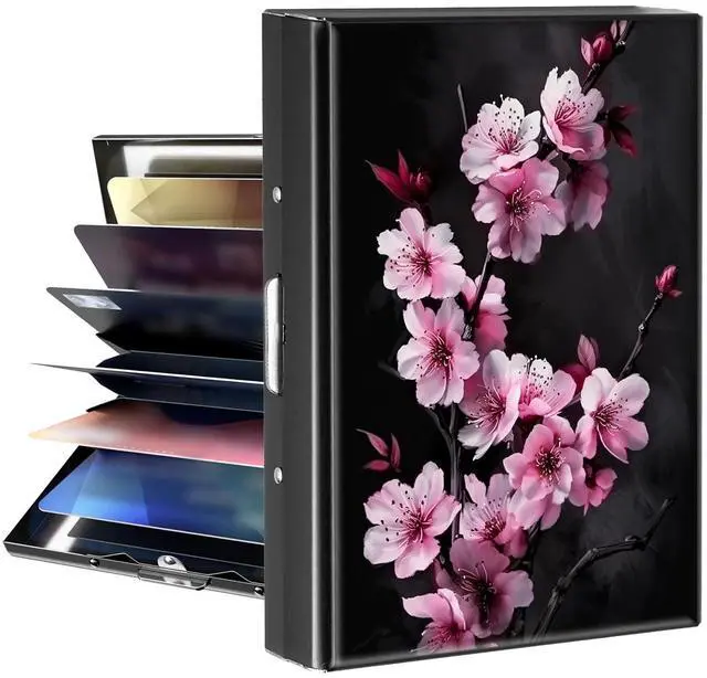Main image of Business Card Holder Metal Rfid Card Holder Unique Cherry Blossom Trees Pattern Style Design Credit Card Wallet With 6 Card Slots Black Credit Card Holder for Women Men