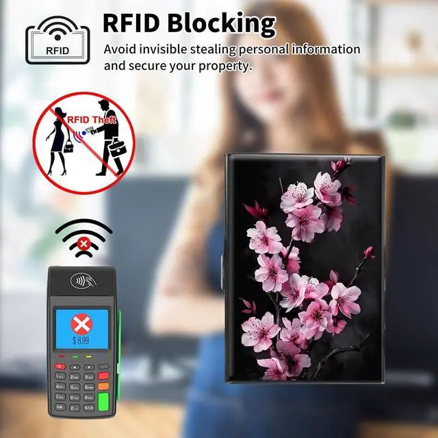 Alt view image 6 of 7 - Business Card Holder Metal Rfid Card Holder Unique Cherry Blossom Trees Pattern Style Design Credit Card Wallet With 6 Card Slots Black Credit Card Holder for Women Men