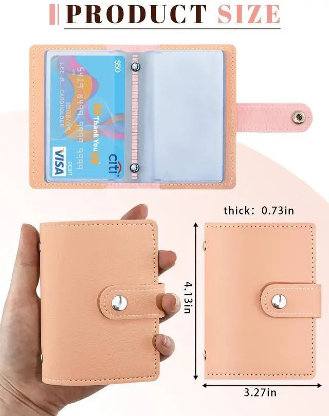 Alt view image 2 of 7 - Leather Business Card Holder, 26 Card Slots, RFID Blocking Secure Professional Card Organizer with Snap Closure (Pink)
