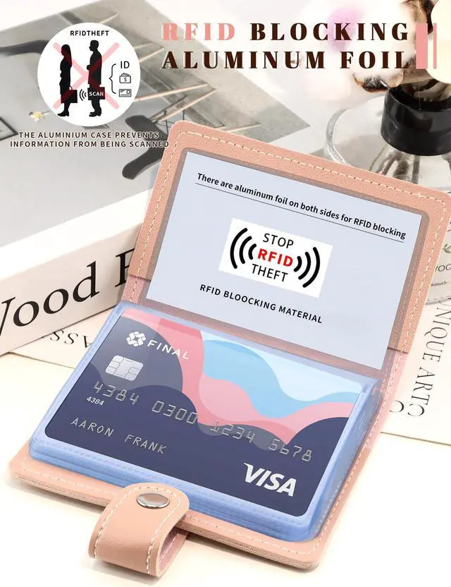 Alt view image 3 of 7 - Leather Business Card Holder, 26 Card Slots, RFID Blocking Secure Professional Card Organizer with Snap Closure (Pink)