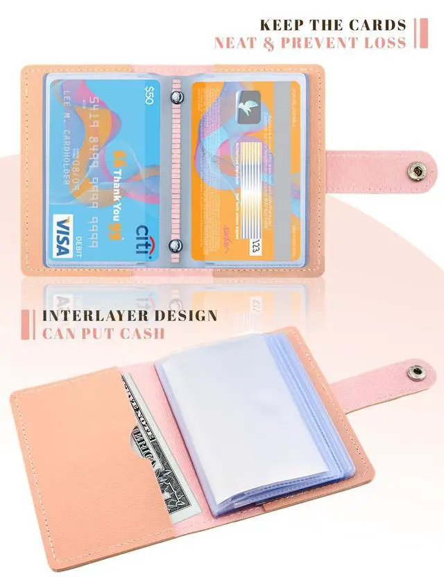 Alt view image 5 of 7 - Leather Business Card Holder, 26 Card Slots, RFID Blocking Secure Professional Card Organizer with Snap Closure (Pink)