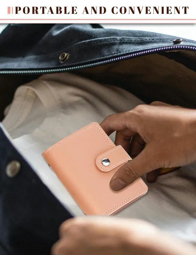 Alt view image 6 of 7 - Leather Business Card Holder, 26 Card Slots, RFID Blocking Secure Professional Card Organizer with Snap Closure (Pink)