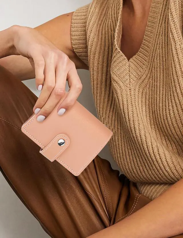 Alt view image 7 of 7 - Leather Business Card Holder, 26 Card Slots, RFID Blocking Secure Professional Card Organizer with Snap Closure (Pink)