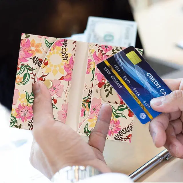 Alt view image 7 of 7 - Credit Card Holder and Business Card Holder with Coin Pocket, Slim Minimalist Leather Wallet with ID Window for Women and Men - Pink Flowers