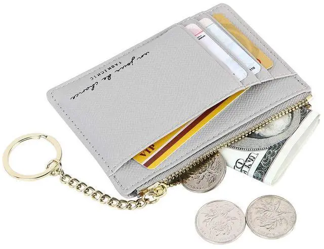 Alt view image 2 of 7 - Women's 8 Cards Slim Minimalist Card Holder Coin Changes Purse Keychain Front Pocket Wallet, grey