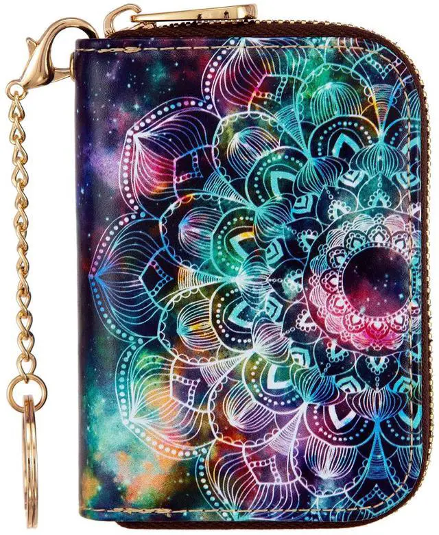 Main image of Womens Credit Card Holder Wallet Zipper Leather Card Case RFID Blocking Keychain (AA Mandala in the Galaxy)
