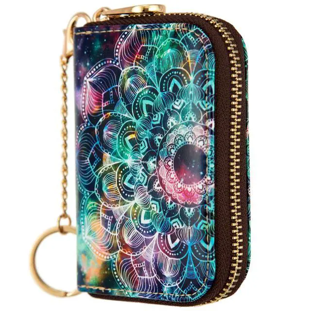 Alt view image 2 of 7 - Womens Credit Card Holder Wallet Zipper Leather Card Case RFID Blocking Keychain (AA Mandala in the Galaxy)