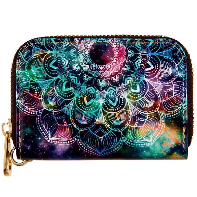 Alt view image 4 of 7 - Womens Credit Card Holder Wallet Zipper Leather Card Case RFID Blocking Keychain (AA Mandala in the Galaxy)