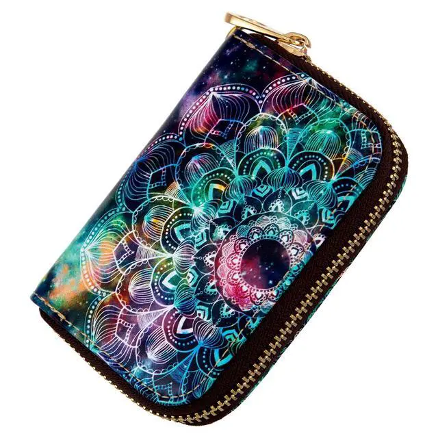 Alt view image 5 of 7 - Womens Credit Card Holder Wallet Zipper Leather Card Case RFID Blocking Keychain (AA Mandala in the Galaxy)