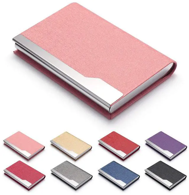 Main image of Business Card Holder Case - Luxury PU Leather Name Card Holder & Stainless Steel Multi Card Case, Slim Metal Pocket Card Holder Wallet Credit Card ID Case/Holder with Magnetic Shut - Pink