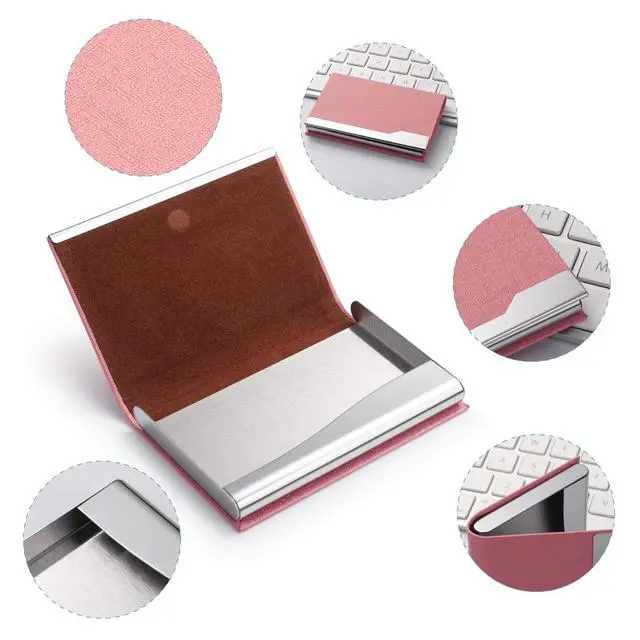 Alt view image 5 of 7 - Business Card Holder Case - Luxury PU Leather Name Card Holder & Stainless Steel Multi Card Case, Slim Metal Pocket Card Holder Wallet Credit Card ID Case/Holder with Magnetic Shut - Pink