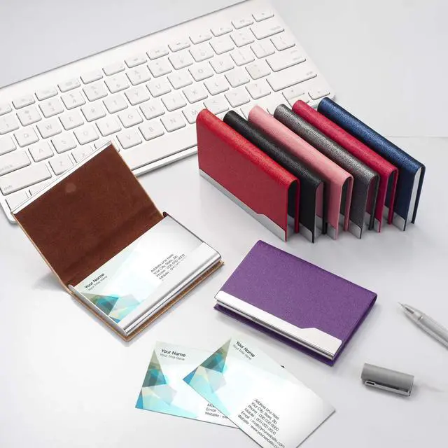 Alt view image 7 of 7 - Business Card Holder Case - Luxury PU Leather Name Card Holder & Stainless Steel Multi Card Case, Slim Metal Pocket Card Holder Wallet Credit Card ID Case/Holder with Magnetic Shut - Pink