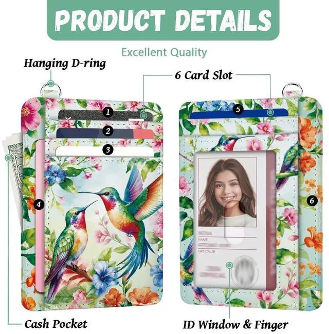 Alt view image 3 of 6 - Credit Card Holder Slim Wallet, Hummingbird with Flower Card Holder Women Front Pocket Small Card Holder Travel Cute Funny Thin Card Case ID Window PU Leather Card Organizer Gifts