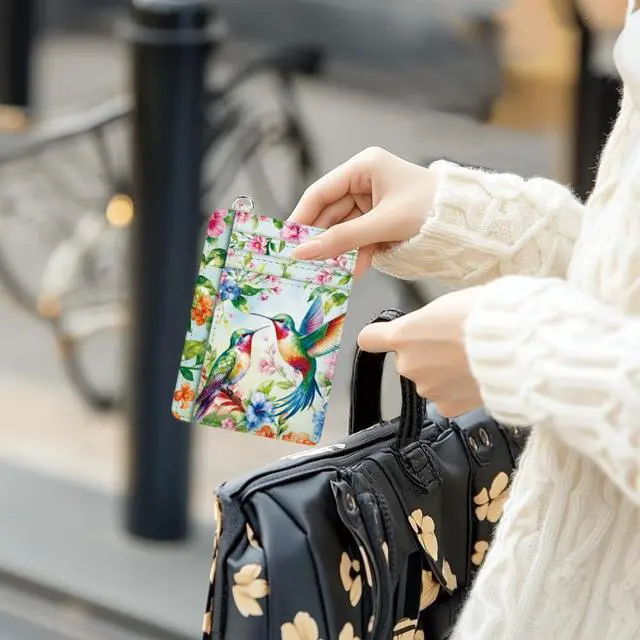 Alt view image 5 of 6 - Credit Card Holder Slim Wallet, Hummingbird with Flower Card Holder Women Front Pocket Small Card Holder Travel Cute Funny Thin Card Case ID Window PU Leather Card Organizer Gifts