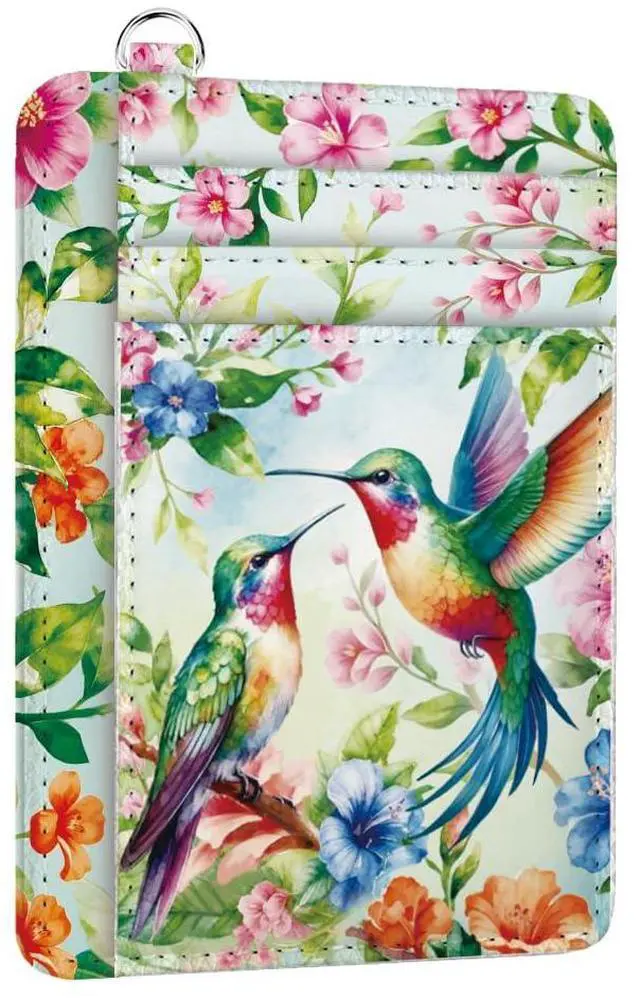 Main image of Credit Card Holder Slim Wallet, Hummingbird with Flower Card Holder Women Front Pocket Small Card Holder Travel Cute Funny Thin Card Case ID Window PU Leather Card Organizer Gifts