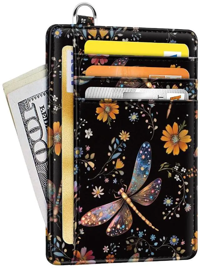 Main image of Slim Credit Card Holder Wallet Women Thin Minimalist Card Organizer Case Cute Small ID Window Girl Ladies Womens Wallets, Dragonfly
