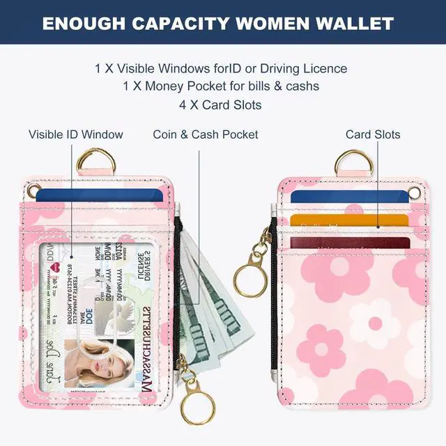 Alt view image 2 of 6 - Slim Wallet Credit Card Holder, Pink Daisy, RFID Wallet Women Cute Small Front Pocket Wallet With Zipper, PU Leather Thin travel RFID Blocking Card Case ID Window,Ladies Gifts
