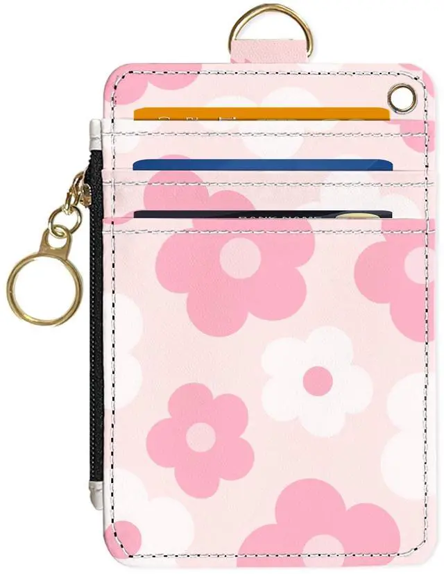 Main image of Slim Wallet Credit Card Holder, Pink Daisy, RFID Wallet Women Cute Small Front Pocket Wallet With Zipper, PU Leather Thin travel RFID Blocking Card Case ID Window,Ladies Gifts
