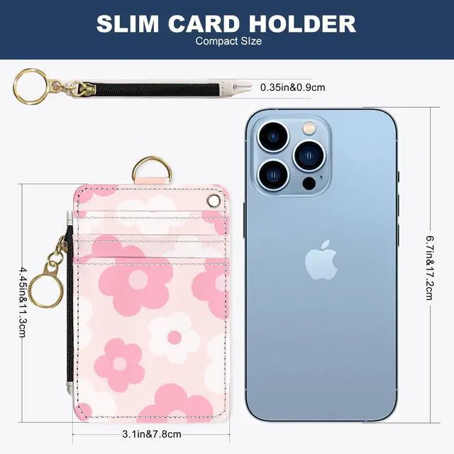 Alt view image 3 of 6 - Slim Wallet Credit Card Holder, Pink Daisy, RFID Wallet Women Cute Small Front Pocket Wallet With Zipper, PU Leather Thin travel RFID Blocking Card Case ID Window,Ladies Gifts