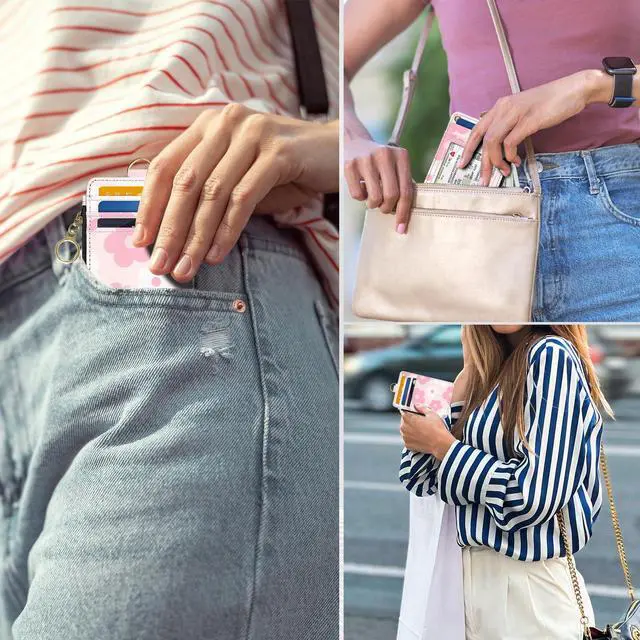 Alt view image 5 of 6 - Slim Wallet Credit Card Holder, Pink Daisy, RFID Wallet Women Cute Small Front Pocket Wallet With Zipper, PU Leather Thin travel RFID Blocking Card Case ID Window,Ladies Gifts