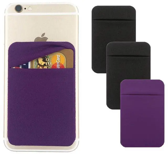 Main image of 3Pack Cell Phone Card Holder Pocket for Back of Phone,Stretchy Stick on Wallet Credit Card ID Case Pouch Sleeve Self Adhesive Sticker with Flap for iPhone Samsung Galaxy-2Black+1Purple