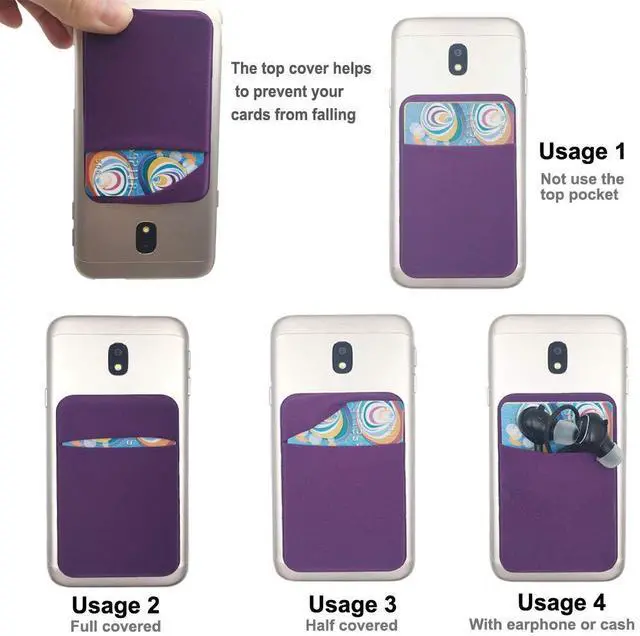 Alt view image 4 of 4 - 3Pack Cell Phone Card Holder Pocket for Back of Phone,Stretchy Stick on Wallet Credit Card ID Case Pouch Sleeve Self Adhesive Sticker with Flap for iPhone Samsung Galaxy-2Black+1Purple