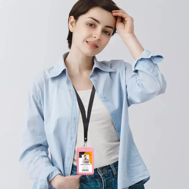 Alt view image 5 of 5 - 1 Pack Sliding Vertical ID Badge Holder Hard Pink Plastic Card Case Protector Pouch with Sided Clear Window for Office School ID Credit Cards and Proximity Key Cards