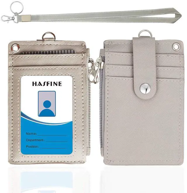 Main image of ID Badge Holder with Lanyard,2 Sided 5 Card Slots ID Card Holder Wallet with PU Leather Zipper Pocket and Detachable Keychain Lanyard for Teens Men Women(Gray)
