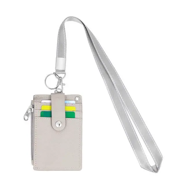 Alt view image 3 of 7 - ID Badge Holder with Lanyard,2 Sided 5 Card Slots ID Card Holder Wallet with PU Leather Zipper Pocket and Detachable Keychain Lanyard for Teens Men Women(Gray)