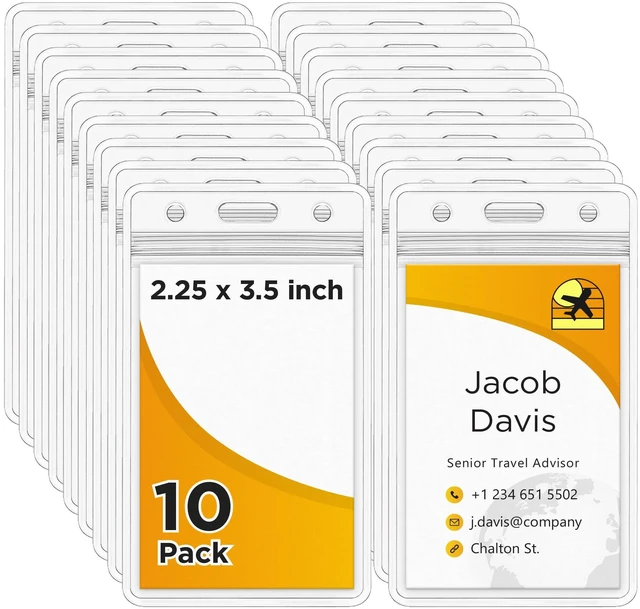 Main image of Vertical Name Badge Holders w/Zipper Seal - 2.25x3.5 Inch, Clear, 10 Pack | BlueCosto - Heavy Duty PVC ID Card Protector - Sealable - Fits Most Clips - School, Work, Conferences, Events Nametag Holder