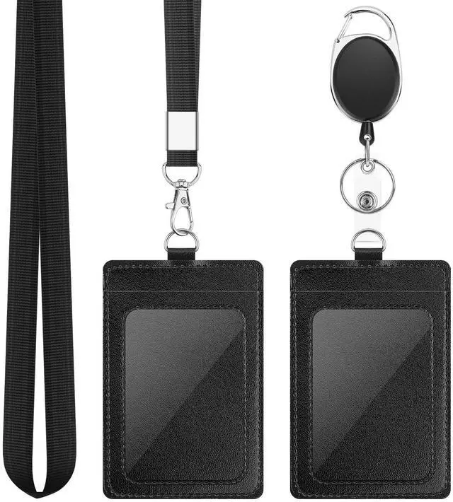 Main image of 2 Pack Badge Holders, Vertical PU Leather ID Badge Card Holder with Detachable Neck Lanyard Strap and Retractable Badge Reel ID Card Holders Set, Detachable Keychain, Cruise Ship Cards Holder