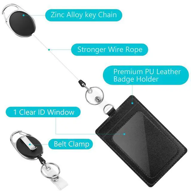 Alt view image 2 of 7 - 2 Pack Badge Holders, Vertical PU Leather ID Badge Card Holder with Detachable Neck Lanyard Strap and Retractable Badge Reel ID Card Holders Set, Detachable Keychain, Cruise Ship Cards Holder